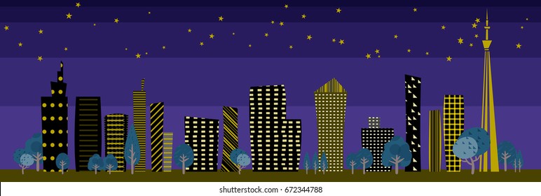 Town scape back image illustration Night wide size
