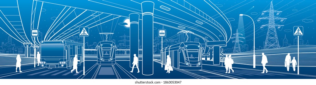 Town scene. Automobile bridge, overpass. Passengers get off the bus and tram. Night city on background. City transport. Power line. Outline vector infrastructure illustration. White outline sketch.