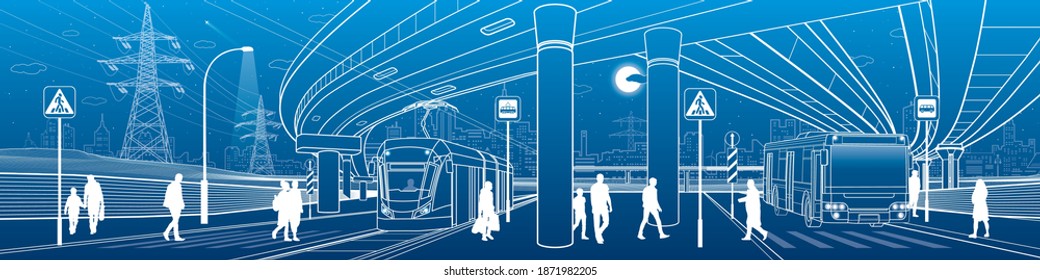 Town Scene. Automobile Bridge, Overpass. Passengers Get Off The Bus And Tram. Night City On Background. City Transport. Power Line. Outline Vector Infrastructure Illustration. White Outline Sketch.