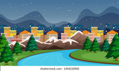 Town scene with river and snow illustration - Shutterstock ID 1454210903