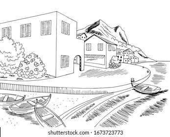 Town sea graphic black white bay landscape sketch illustration vector