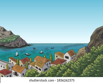 Town sea graphic color bay landscape sketch illustration vector 