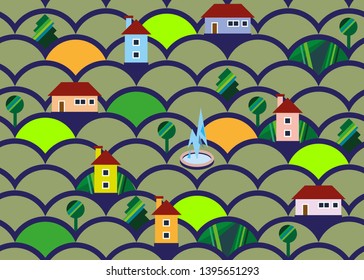 Town seamless pattern with colour houses and graphic trees