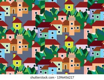 Town seamless pattern with colour houses and graphic trees