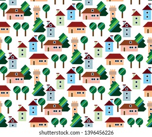 Town seamless pattern with colour houses and graphic trees