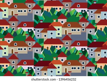 Town seamless pattern with colour houses and graphic trees