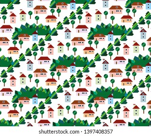 Town seamless pattern with colour houses and graphic trees
