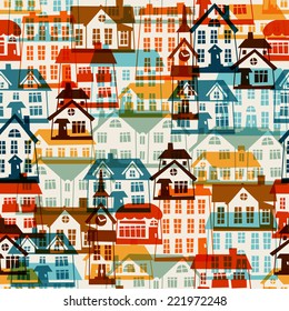 Padrão sem costura da cidade com casas coloridas bonitas.