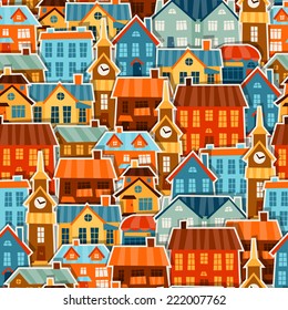 Town seamless pattern with cute colorful sticker houses.