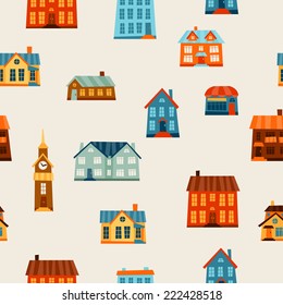 Town seamless pattern with cute colorful houses.