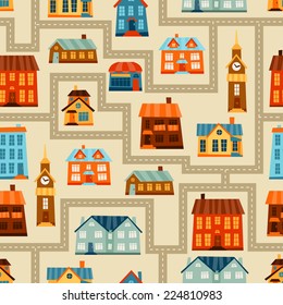Town seamless pattern with cute colorful houses.