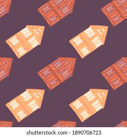 Town seamless pattern with doodle house orange and red print. Purple background. Simple home backdrop. Perfect for fabric design, textile print, wrapping, cover. Vector illustration.