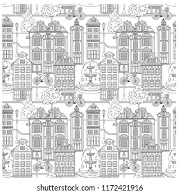 Town seamless pattern. Hand drawn page for coloring book with a lot of houses. Black and white. Doodle style.