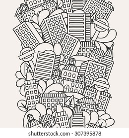 Town seamless pattern with hand drawn houses.
