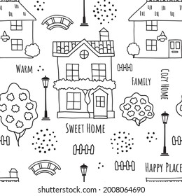 Town seamless pattern. Houses with garden roses and lanterns. Hand drawn texture for fabric, wrapping, textile. Line art vector illustration