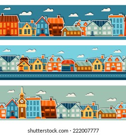 Town seamless patterns with cute colorful sticker houses.