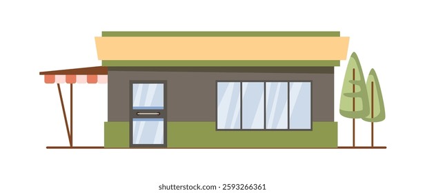 Town shop exterior, isolated small store building with tent, entrance and panoramic windows. Vector city infrastructure, simple construction facade and landscape design with pine trees growing