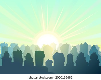 Town. Silhouette of cartoon houses of the village or city. Street. Morning and sun with rays. Nice cozy private residence in traditional style. Nice funny home. Illustration. Vector