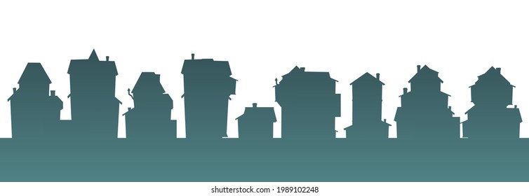 Town. Silhouette of cartoon small houses. Village or city. Isolaterd, Seamless street. Nice cozy private residence in traditional European style. Nice funny home. Illustration. Vector