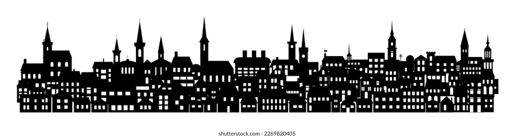 Silueta urbana, horizonte urbano, techos de edificios, fábricas, iglesias y casas en el paisaje urbano nocturno ilustración aérea vectorial