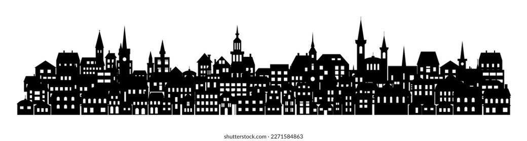 Town silhouette, city skyline, roofs of buildings, factories, churches and houses in night cityscape aerial vector illustration