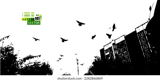 Town Silhouette. Trace city and flying birds. Vector illustration