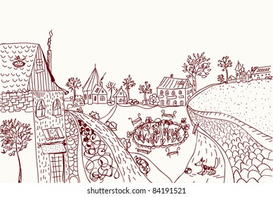 Town sketch of old style illustration