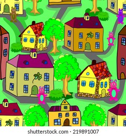 Town sketch, seamless pattern for your design. vector illustration