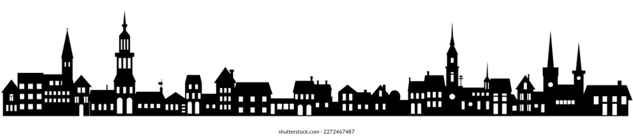 Town skyline silhouette. Small city houses, factory buildings, old church roofs, simple residental neighborhood vector flat scene