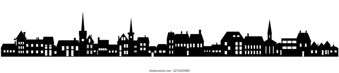 Town skyline silhouette. Small city houses, factory buildings, old church roofs, simple residental neighborhood vector flat scene