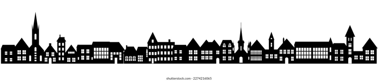 Town skyline silhouette. Small city houses, factory buildings, old church roofs, simple residental neighborhood vector flat scene