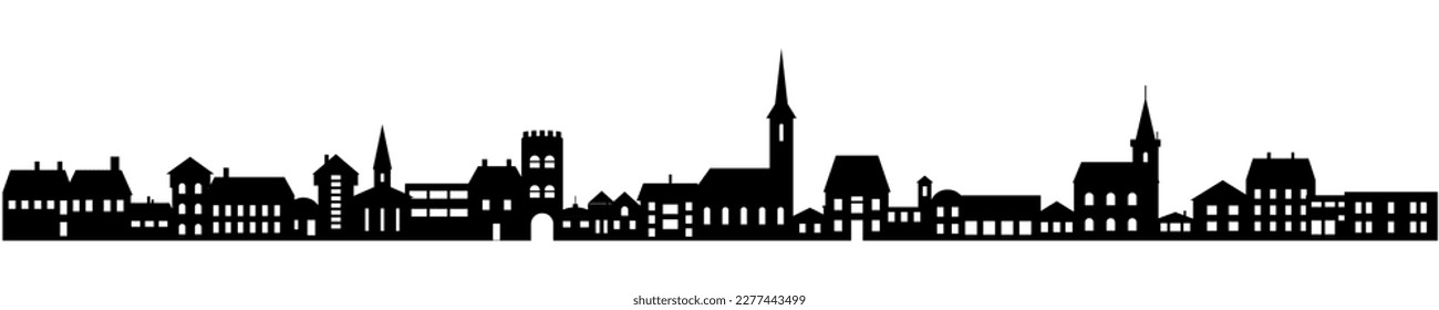 Town skyline silhouette. Small city houses, factory buildings, old church roofs, simple residental neighborhood vector flat scene