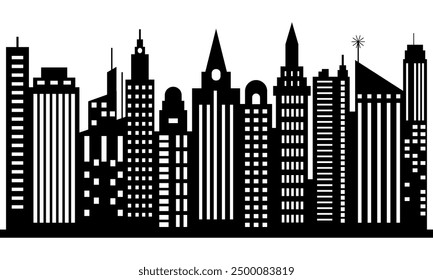 Town skyline silhouette. Small city houses, factory buildings, old church roofs, simple residental neighborhood vector flat scene