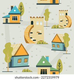 Town or small city houses and rustic homes. Historical sights and a castle with stairs, trees, and bushes by apartments. Background or wallpaper print, seamless pattern. Vector in flat style