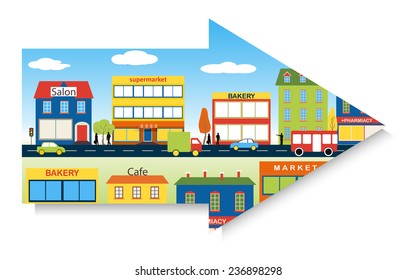 A Town With Small And Medium-sized Businesses. Set Of Buildings In The Down Pointing Arrow. Bakery, Beauty Salon, Market And Pharmacy. Street People, Buses And Cars. For Background. Vector. Icon