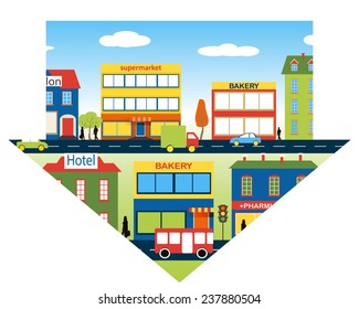 A Town With Small And Medium-sized Businesses. Set Of Buildings In The Down Pointing Arrow. Bakery, Beauty Salon, Market And Pharmacy. Street People, Buses And Cars. For Background. Vector. Icon