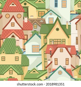 The town is small. Street. Seamless illustration with cartoon village or city houses. Day. Nice cozy private residence in traditional style. Background. Nice funny home. Vector