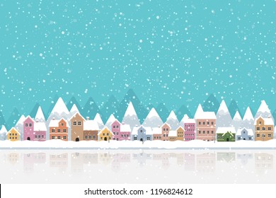 The town in the snow falling place flat color and simply design vector illustration