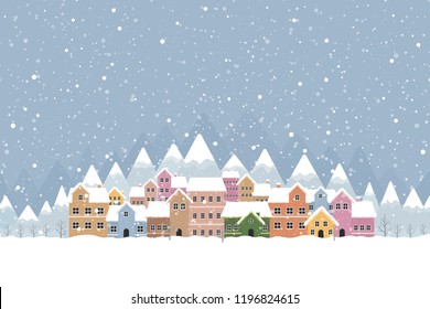 The town in the snow falling place flat color and simply design vector illustration