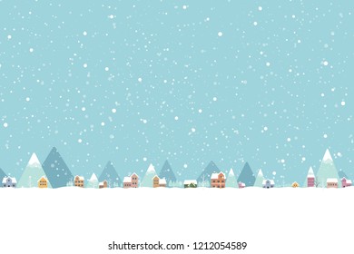 The town in the snow falling place flat color and simply design vector illustration