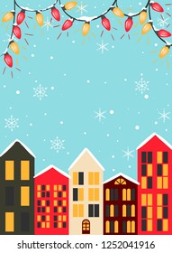 The town in the snow falling place flat color and simply design vector illustration. Template for greeting, congratulations, invitations. Happy new year and merry christmas.