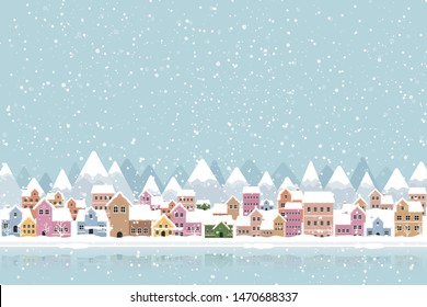 The town in the snow falling place flat color and simply design vector illustration