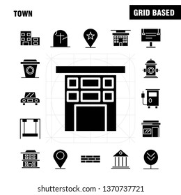 Town Solid Glyph Icons Set For Infographics, Mobile UX/UI Kit And Print Design. Include: Location, Map, Town, Church, House, Town, Park, Playground, Icon Set - Vector