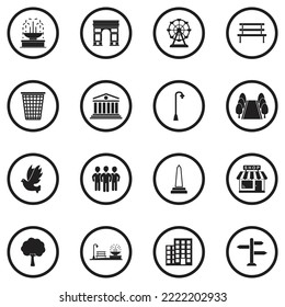Town Square Icons. Black Flat Design In Circle. Vector Illustration.