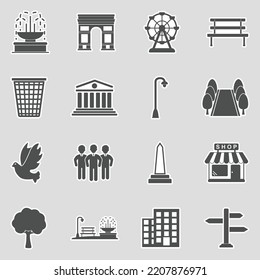 Town Square Icons. Sticker Design. Vector Illustration.