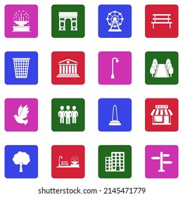 Town Square Icons. White Flat Collection In Square. Vector Illustration.