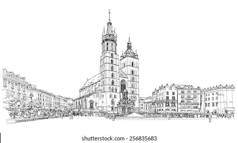 The town square in Krakow & Church of St. Mary. Poland. Black & white vector sketch