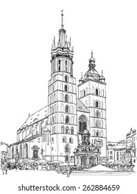 The town square in Krakow & Church of St. Mary. Poland. Black & white vector sketch