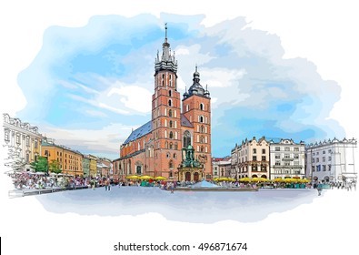 The town square in Krakow & Church of St. Mary. Poland. Color vector sketch