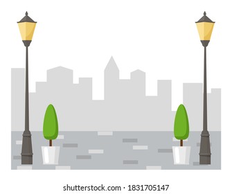 Town square. Lanterns and potted plants on the background of the city landscape. Flat design. Vector illustration.
